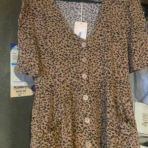 SAS Girls' Leopard Print Button-Front Dress - Brown